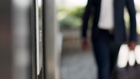 elevator button, person and press with business