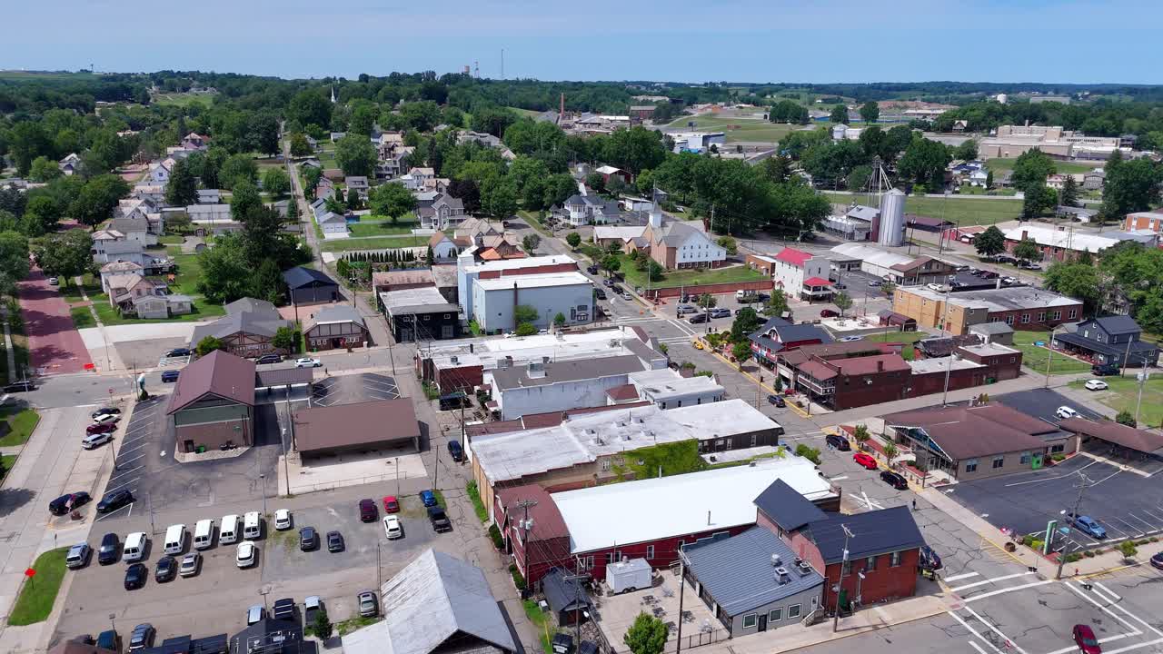 Aerial View of Sugarcreek Ohio Showing Small Town Streets and Surrounding Fields