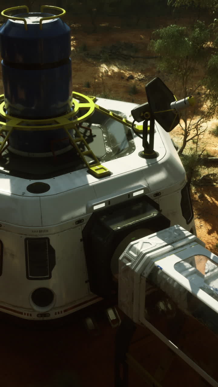 Exploration outpost set in a desert landscape with advanced technology