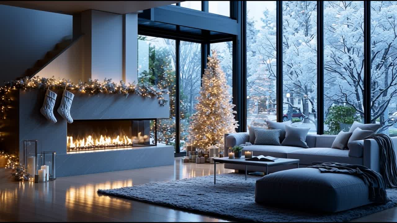 Cozy Winter Wonderland: A Beautifully Decorated Living Room with a Modern Fireplace, Christmas Tree, and Scenic Views of Snowy Outdoors, Perfect for Holiday Gatherings and Warm Gatherings with Family and Friends