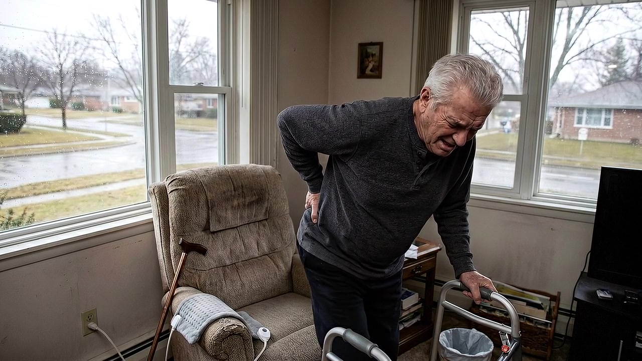 Senior Man Struggling with Back Pain While Using a Walker