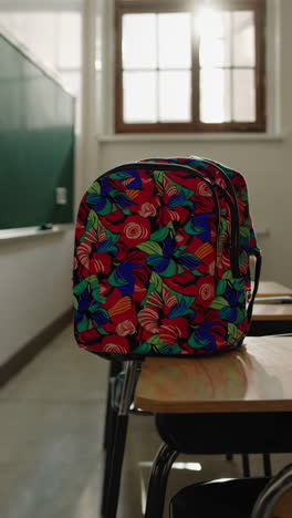 school classroom with backpacks