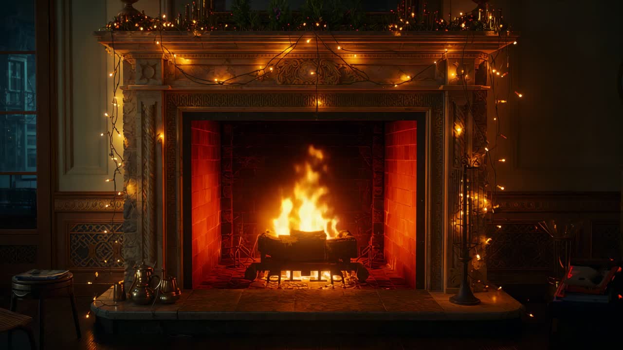 Opening shot capturing flickering wooden fireplace burning logs in living room with string lights