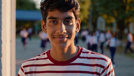 confident teenage student radiating joy during school break, displaying positive emotion while peers play in sunlit schoolyard background