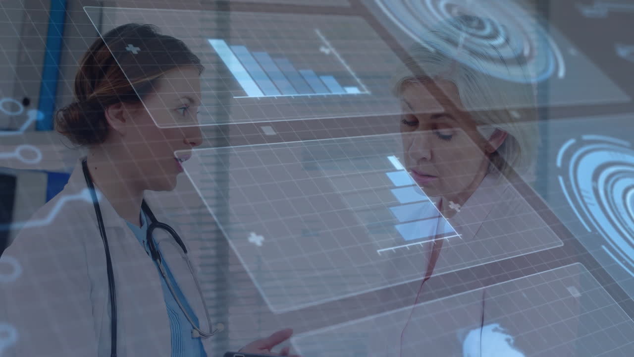 female doctors examining patient data on tablet, projecting holographic medical charts and graphs