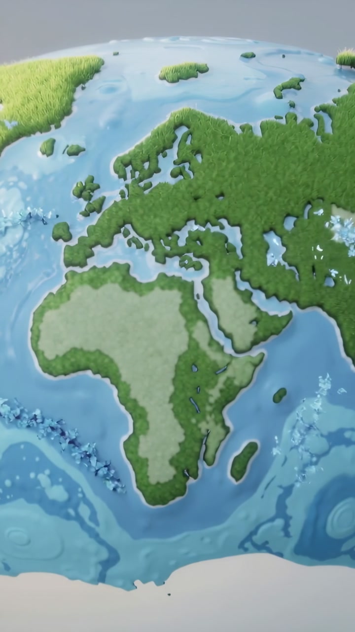 Vertical video: Rotating globe revealing Eurasia on animation in gray studio with ocean rings