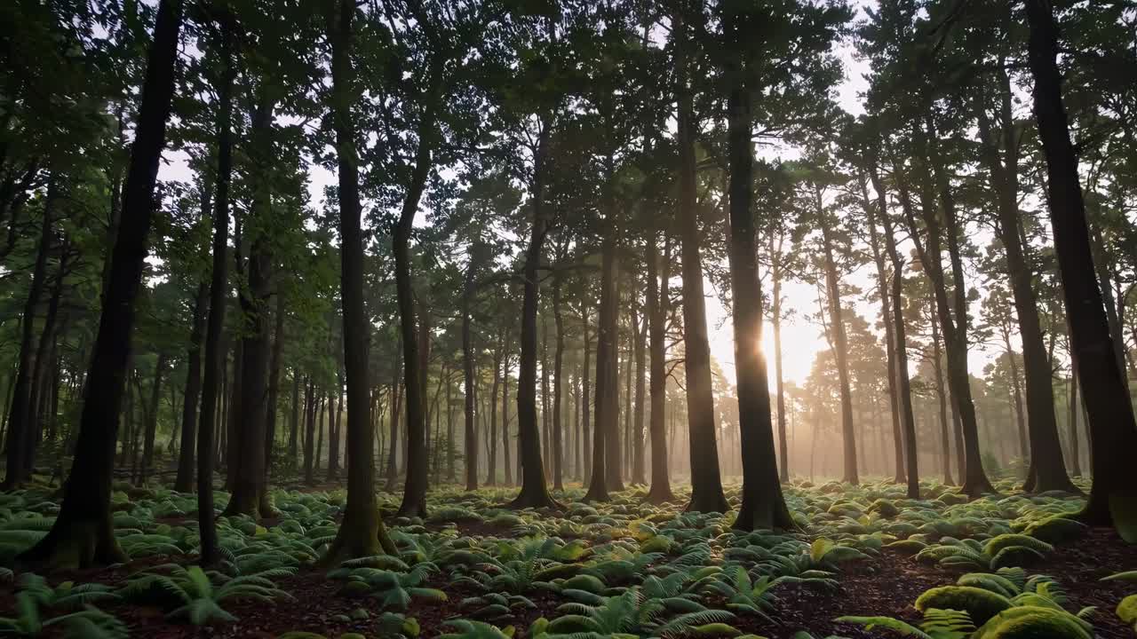Video rilassante di una foresta con un'angolazione dal basso, che cattura la luce del sole che filtra tra gli alberi ad alto fusto e la vegetazione lussureggiante