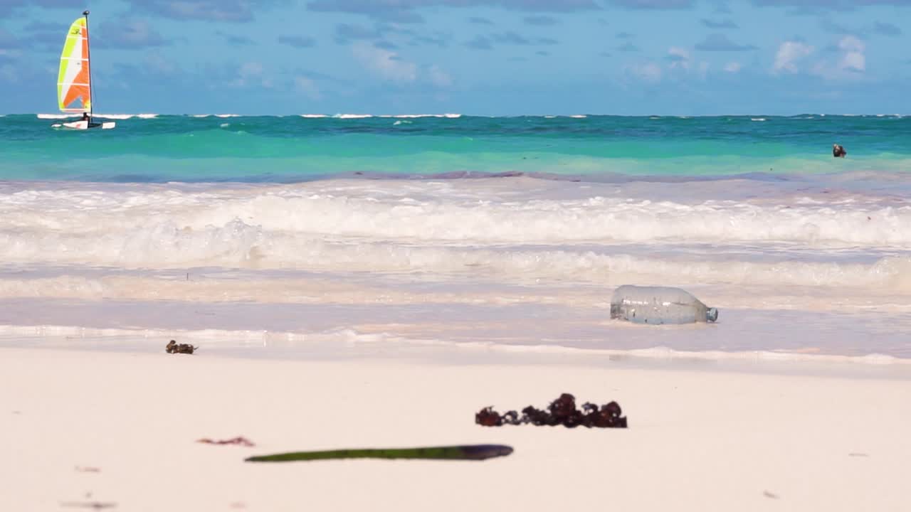 Gently Waves Caribbean white sand beach calm summer day scene cloudy blue sky refreshing swim at the sea ground level shot HD sea waste