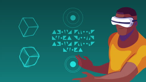 virtual reality tech animation with afro man using mask and figures