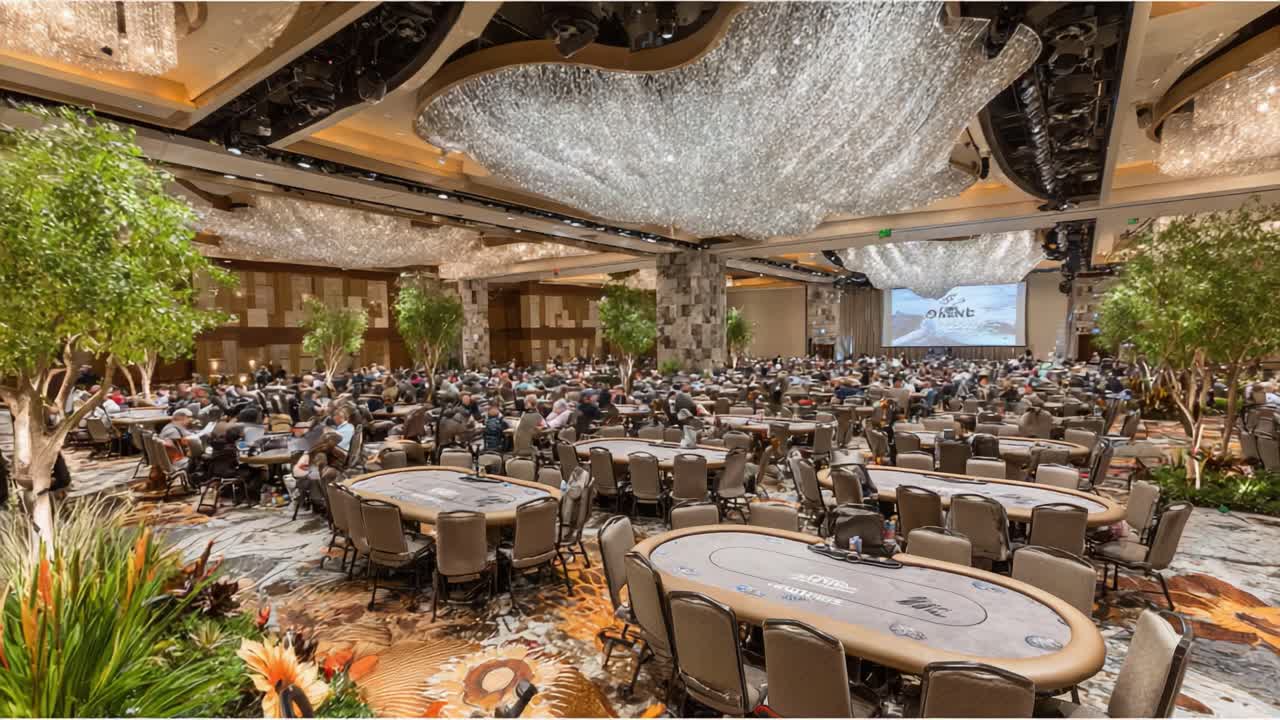 An Expansive Casino Floor Filled with Players Engaged in Poker, Featuring Tables Under Elegant Chandeliers Surrounded by Lush Greenery and Lavish Decor