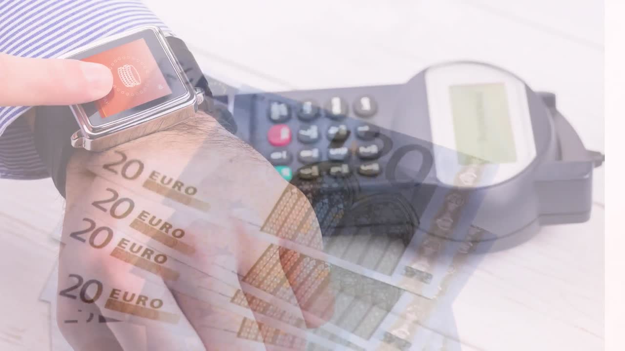 Animacja: zbliżenie lecących banknotów euro nad sylwetką mężczyzny korzystającego ze smartwatcha i terminala płatniczego.