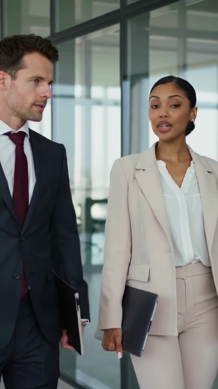 Vertical video: Walking woman in beige suit talking about work down glass hall with laptop tablet