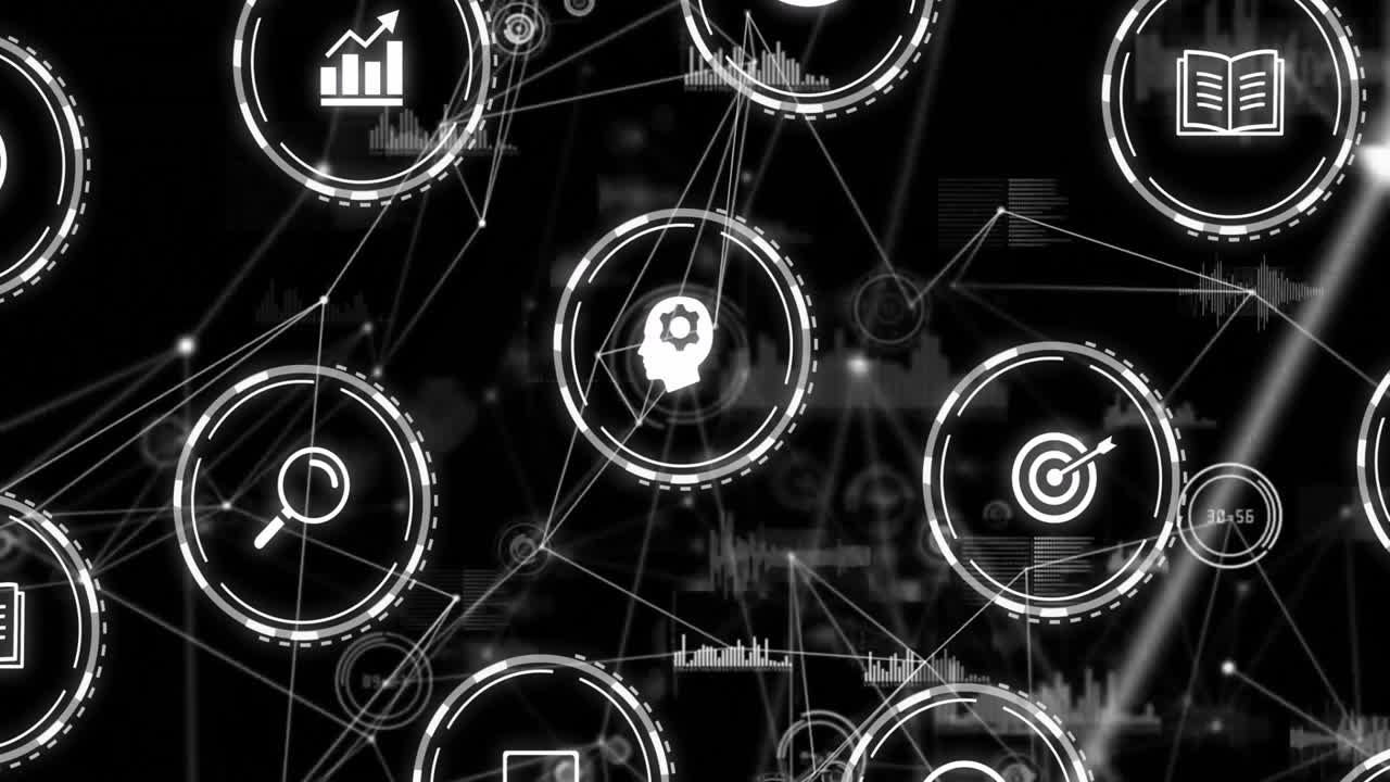 Nodi bianchi luminosi si materializzano e collegano icone, formando una rete di dati che visualizza il flusso di dati.