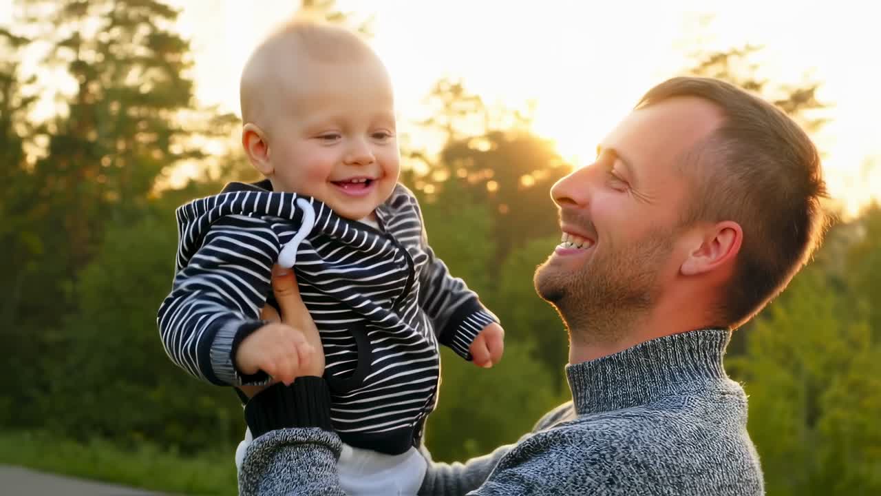 Padre felice e bambino al tramonto
