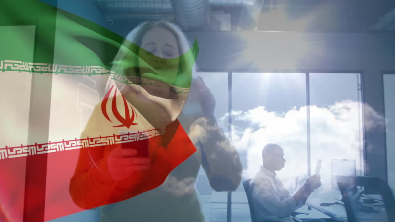 Iranian flag overlaying animation of businesspeople working in sunlit modern office
