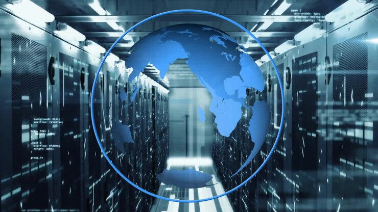 Animation of globe and digital data processing over computer servers