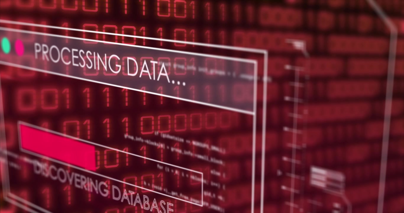 Animation of data processing, binary coding and text over screen