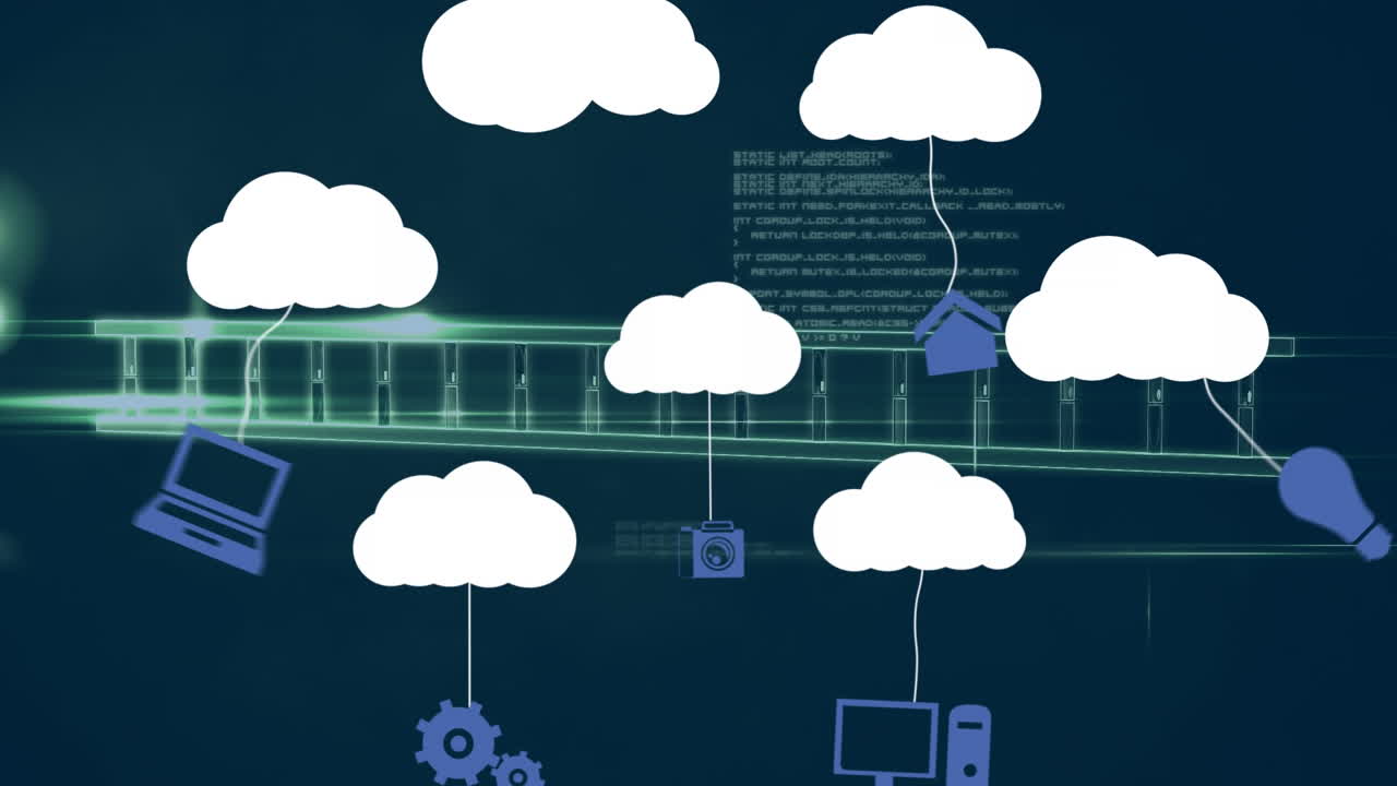 animación de iconos de nubes y procesamiento de datos médicos sobre un fondo oscuro