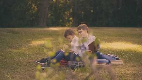 schoolboys have fun preparing for tests with books on lawn