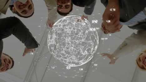 animation of data points and connections over diverse business team joining hands