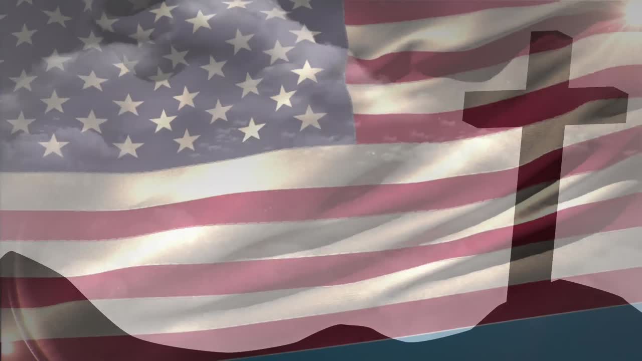 animación de la cruz cristiana y la bandera de los estados unidos de américa.