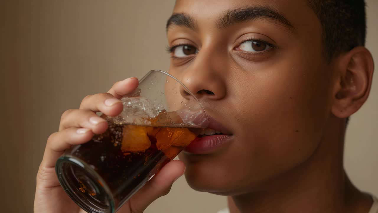 Lifting man sipping cola after camera framing, lowering glass in tan room with napkin, white tee