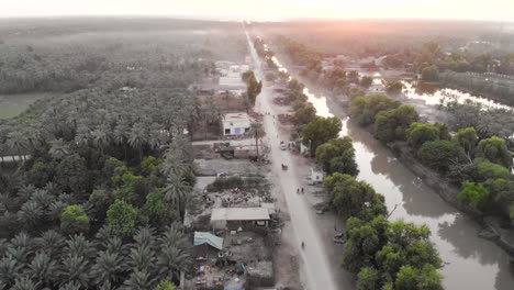 Aerial-shot-of-water-channel-in-the-side-of-road-with-palm-tree-forest