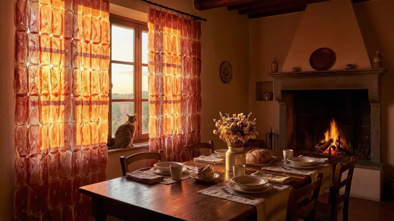 Cozy Dining Room with Fireplace and Cat by the Window