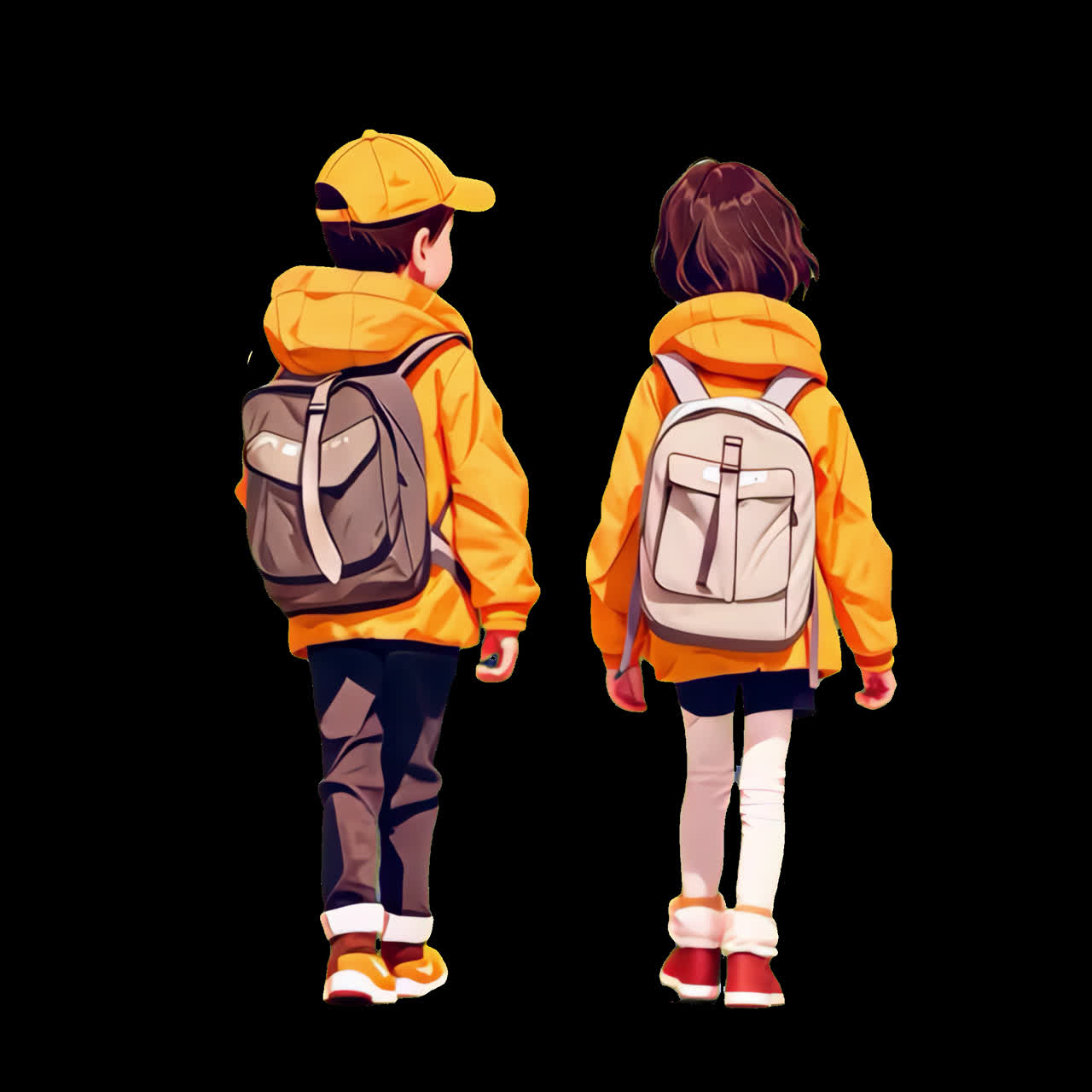 Children walking with backpacks animation isolated asset, transparent 4K video, alpha channel