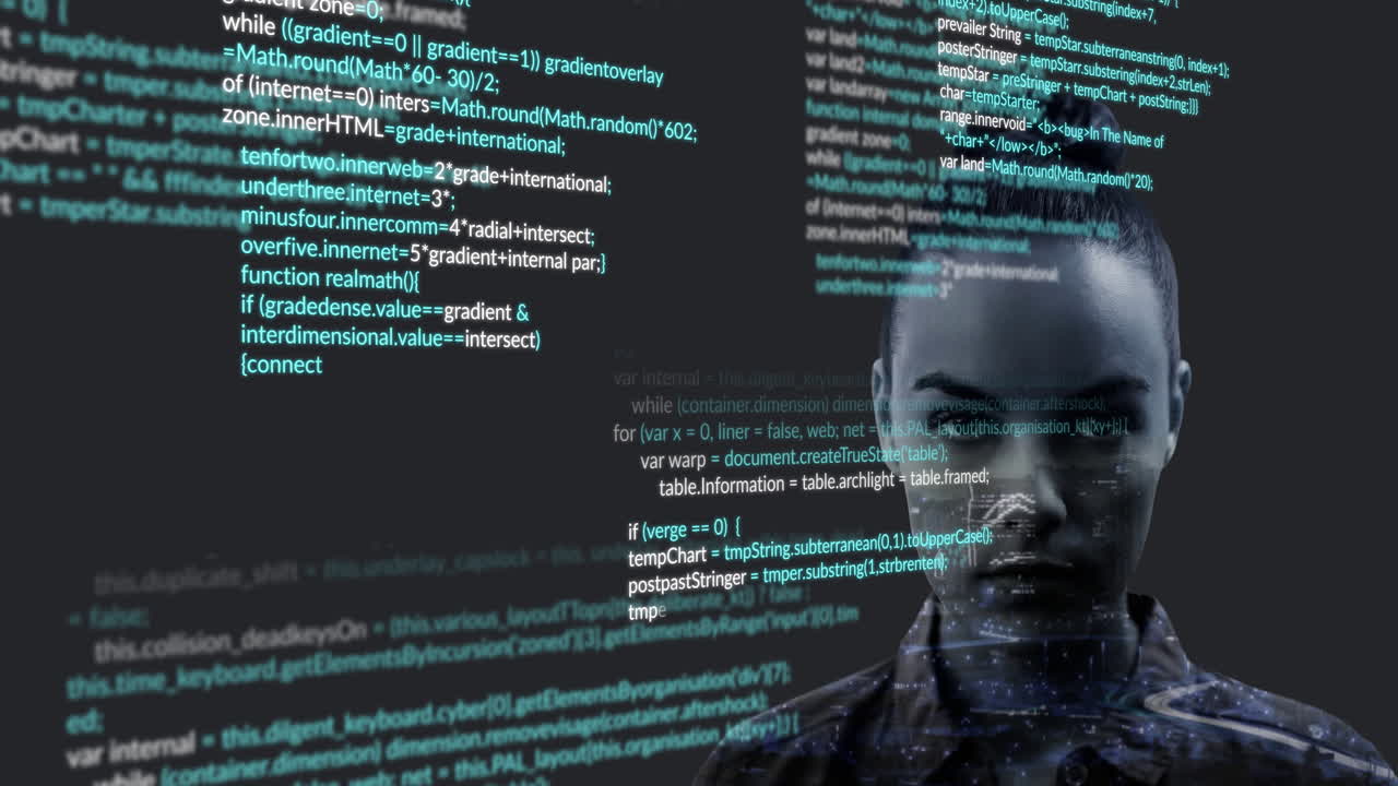 Computer code animation over serious woman in dark background, focusing on screen