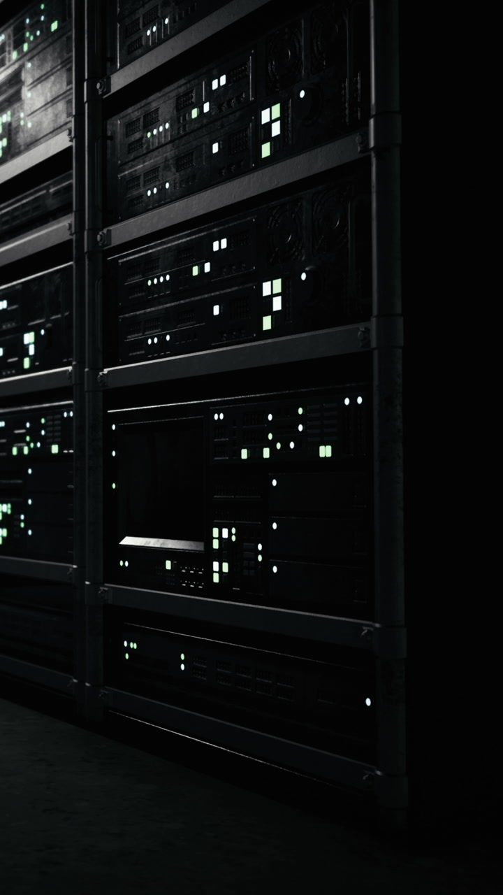 Illuminated server racks glow in the dim light of the tech environment