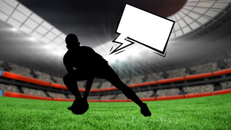 animation of silhouette of rugby player and speech bubble with copy space over sports stadium