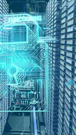 animation of padlock icon and data processing over server room