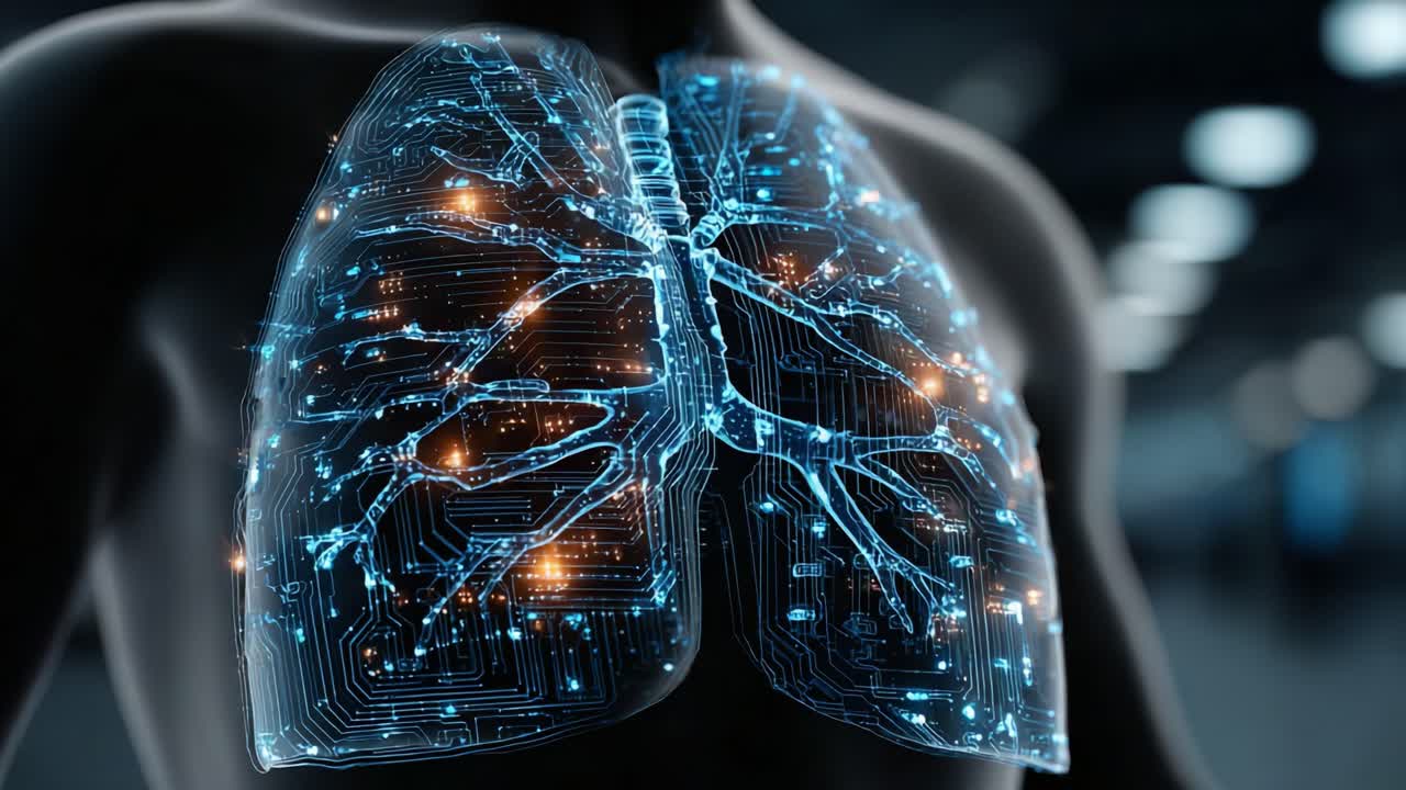 A Detailed Visualization of the Human Lungs Enhanced with Digital Neural Network Patterns and Neon Lighting to Illustrate Respiratory Functionality and Connectivity