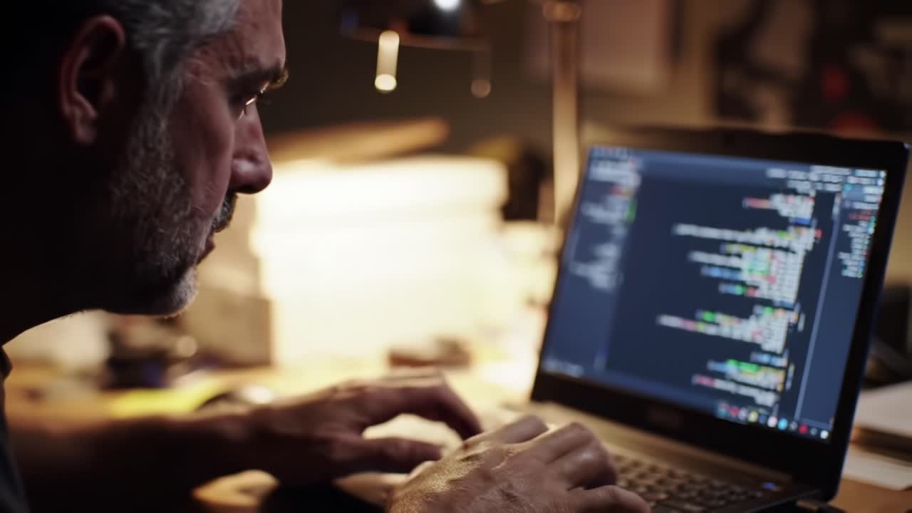 Intense Coding Session: A Focused Programmer Deeply Engaged in Writing Complex Code on His Laptop During Late Hours with Dim Lighting