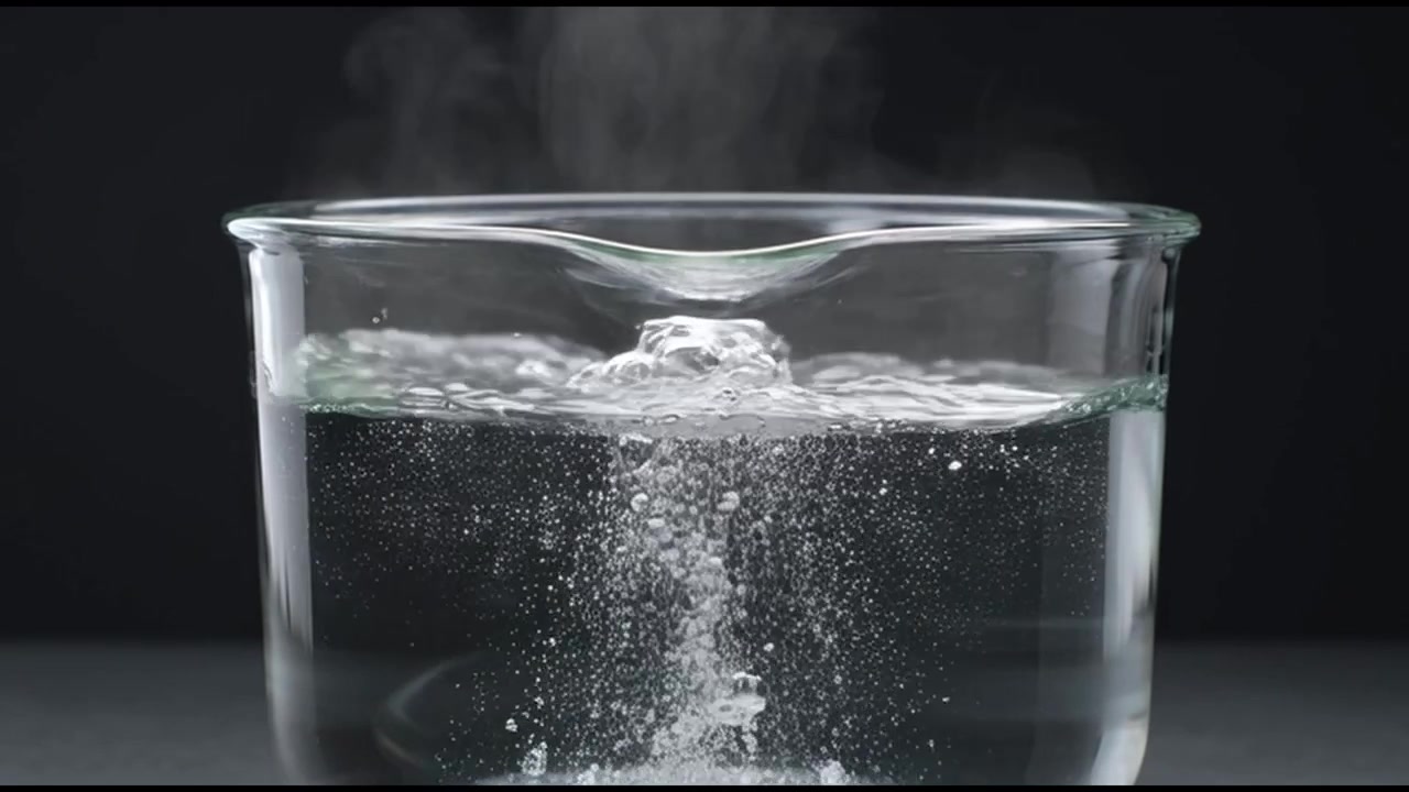 Acqua che bolle in un becher di vetro su uno sfondo scuro.
