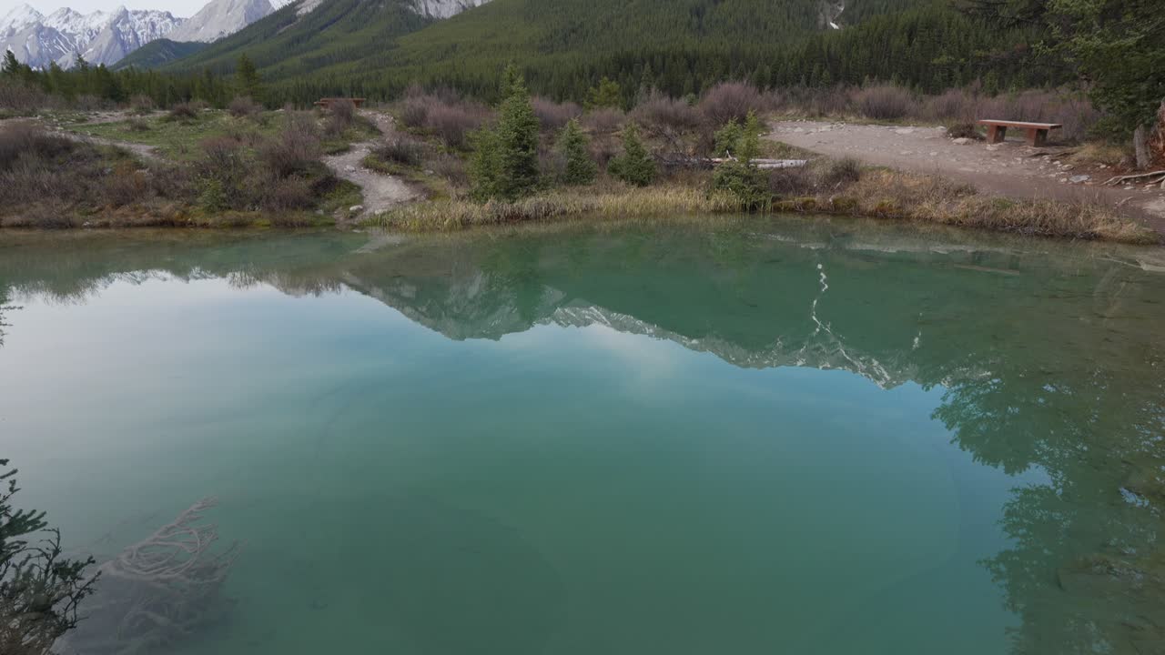 Kvinde står ved det turkise vand i Ink Pots og afslører Rocky Mountains' landskab i Banff Nationalpark