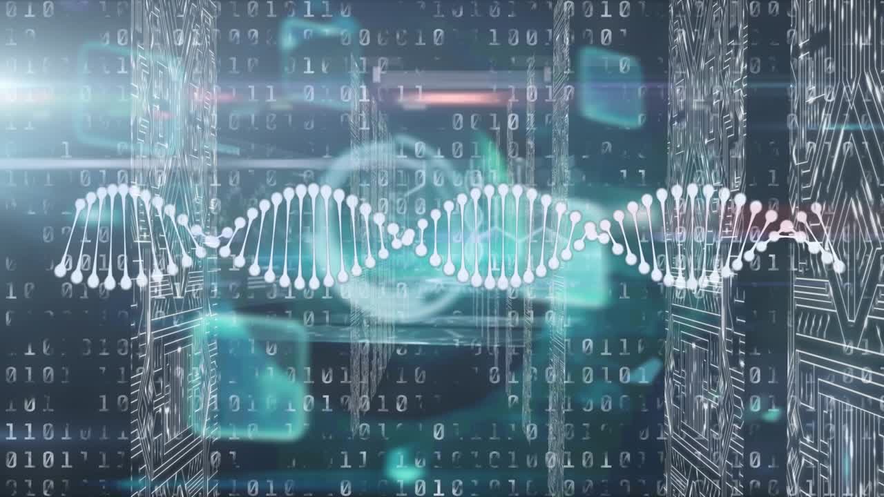 Animation of dna strand spinning binary coding and data processing over computer servers
