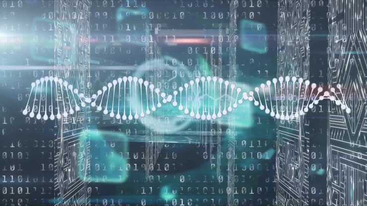 Animation of dna strand spinning binary coding and data processing over computer servers