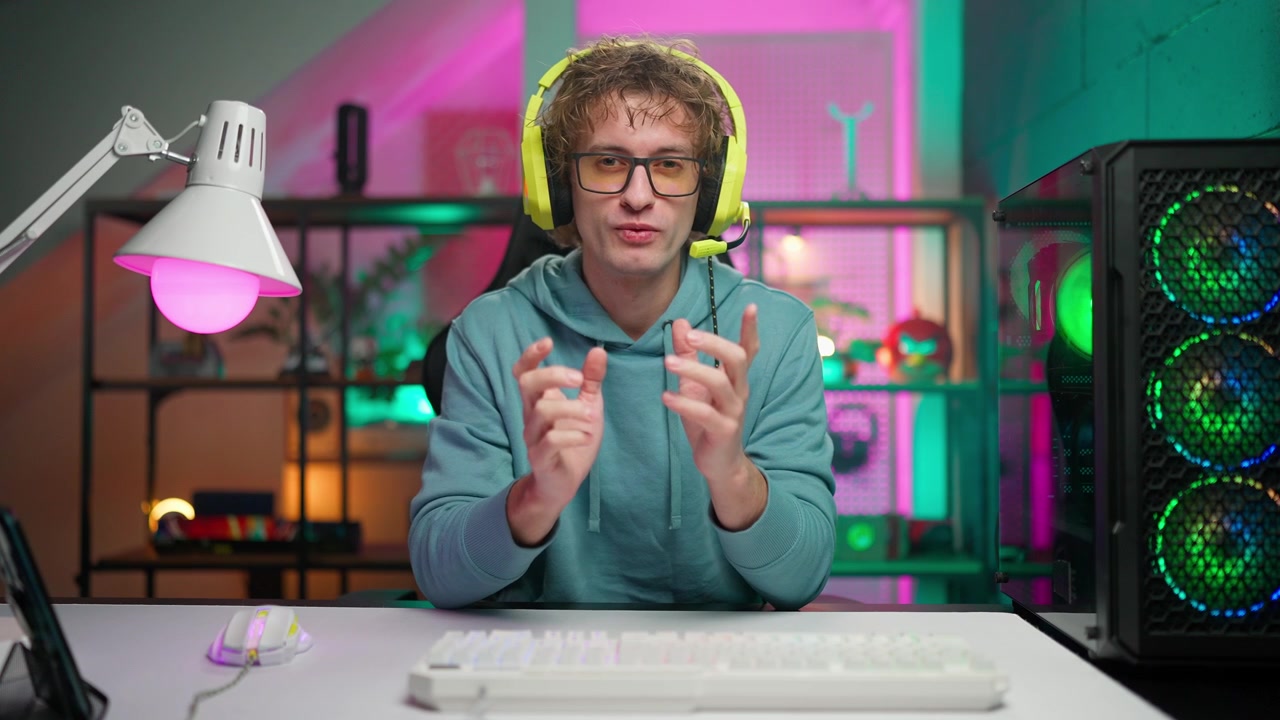 Młody mężczyzna w słuchawkach gamingowych rozmawiający do kamery w neonowym pokoju