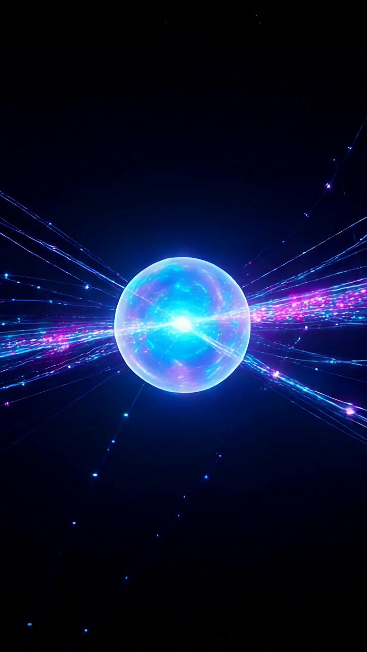 Vertical video: Pulsing core within blue orb ejecting multicolored ribbons and particles into void