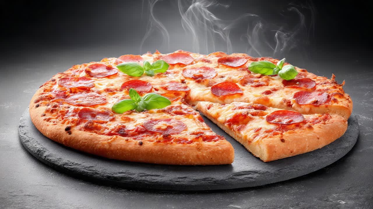 Deliciously Hot Pepperoni Pizza with Fresh Basil Garnish, Perfectly Baked with a Crispy Crust and Melting Cheese, Captured in Two Frames of Tantalizing Appeal