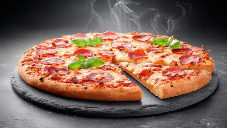 Deliziosa pizza ai peperoni con guarnizione di basilico fresco, cotta alla perfezione con una crosta croccante e formaggio fuso, catturata in due fotogrammi di invitante fascino