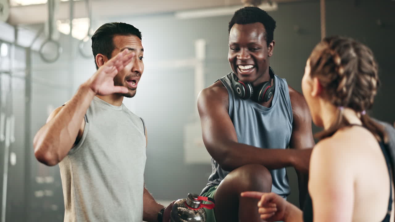 hombre feliz, amigos y cinco en el estado físico del equipo