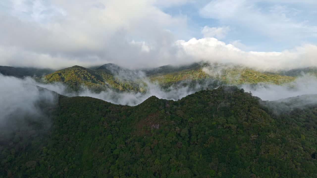 Misty Green Mountains With Low Clouds In Bocas del Toro, Panama. aerial panning shot