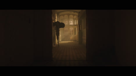 a strange clown on stilts in a dark corridor at night