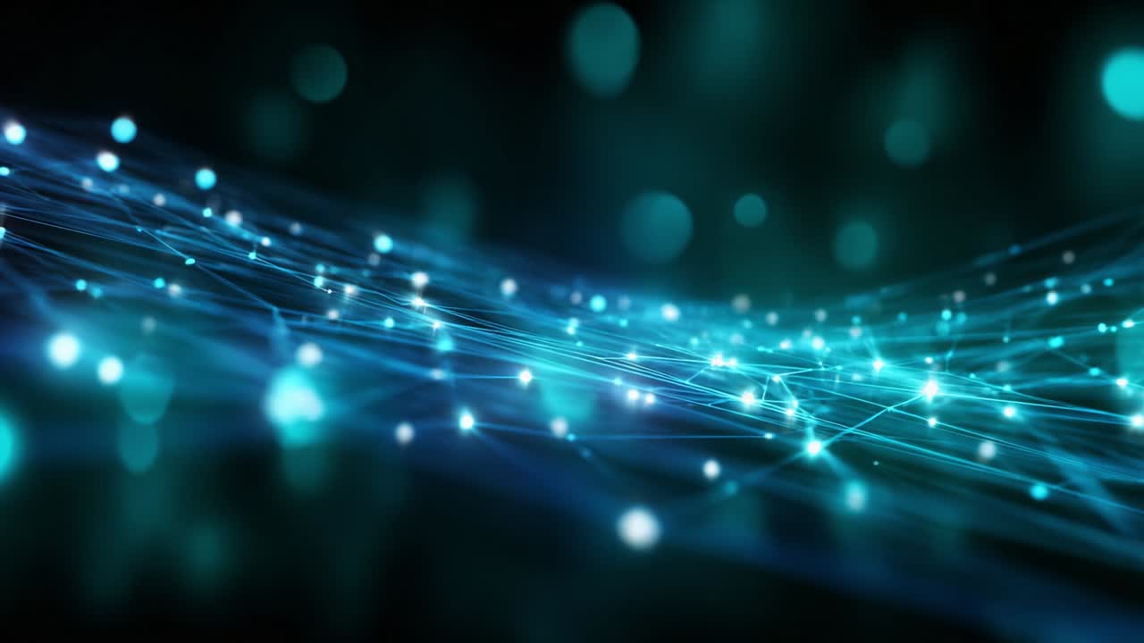 A mesmerizing visual display of dynamic blue light particles flowing in a futuristic setting, illustrating the concepts of energy transmission, digital networks, and the interconnectedness of technology and nature