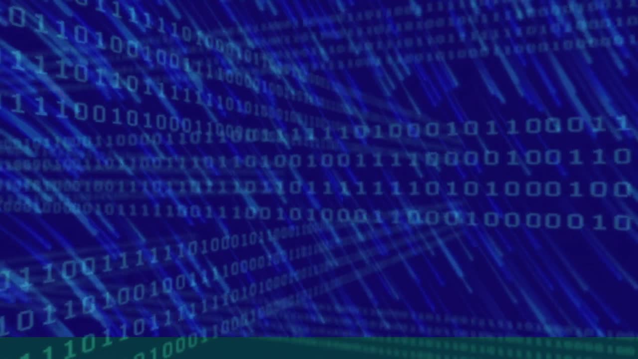 animación de códigos binarios en bucle y rayos que caen sobre un fondo azul