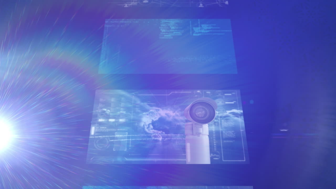 animación de pantallas digitales y rastros de luz sobre fondo azul