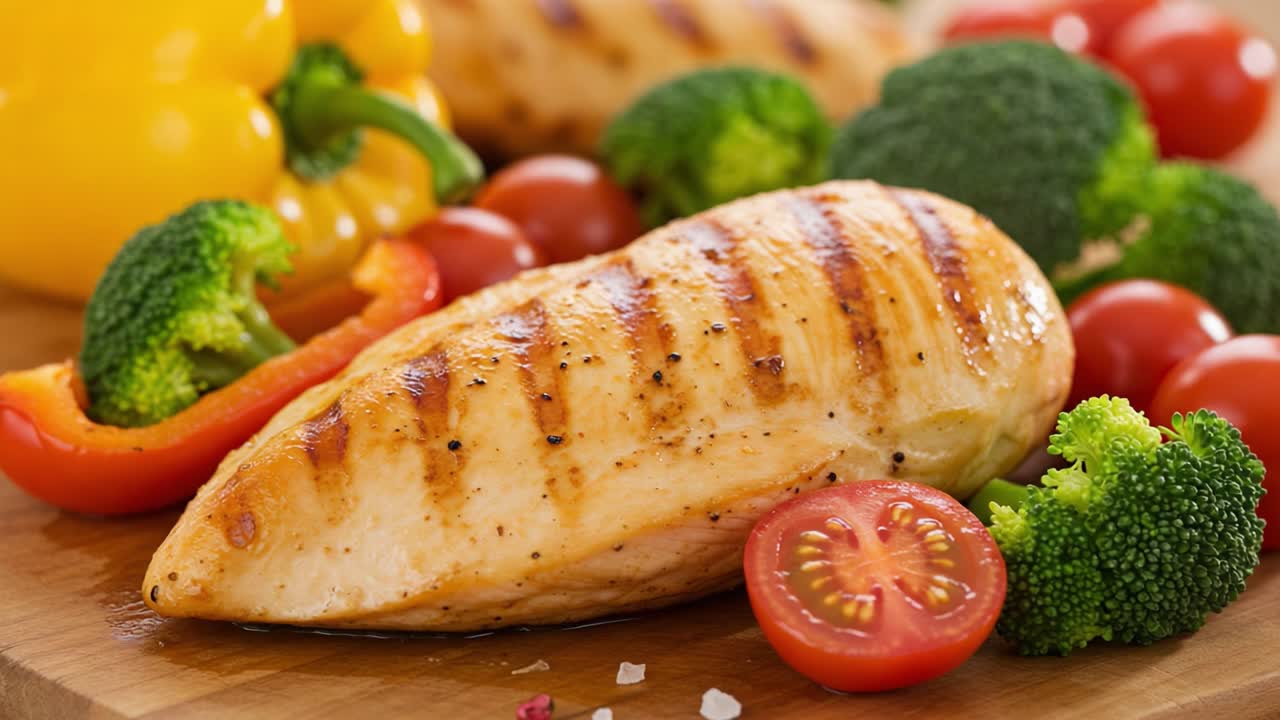 Delicious Grilled Chicken Breast with Vibrant Vegetables: A Colorful Display of Fresh Ingredients and Perfectly Cooked Meal on Wooden Cutting Board